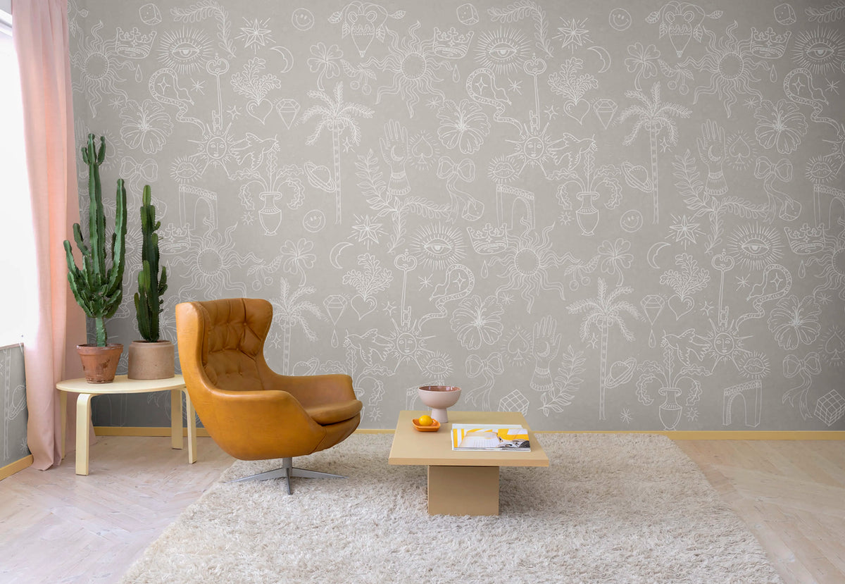 Doodle, Beige Mural Wallpaper - room preview 03