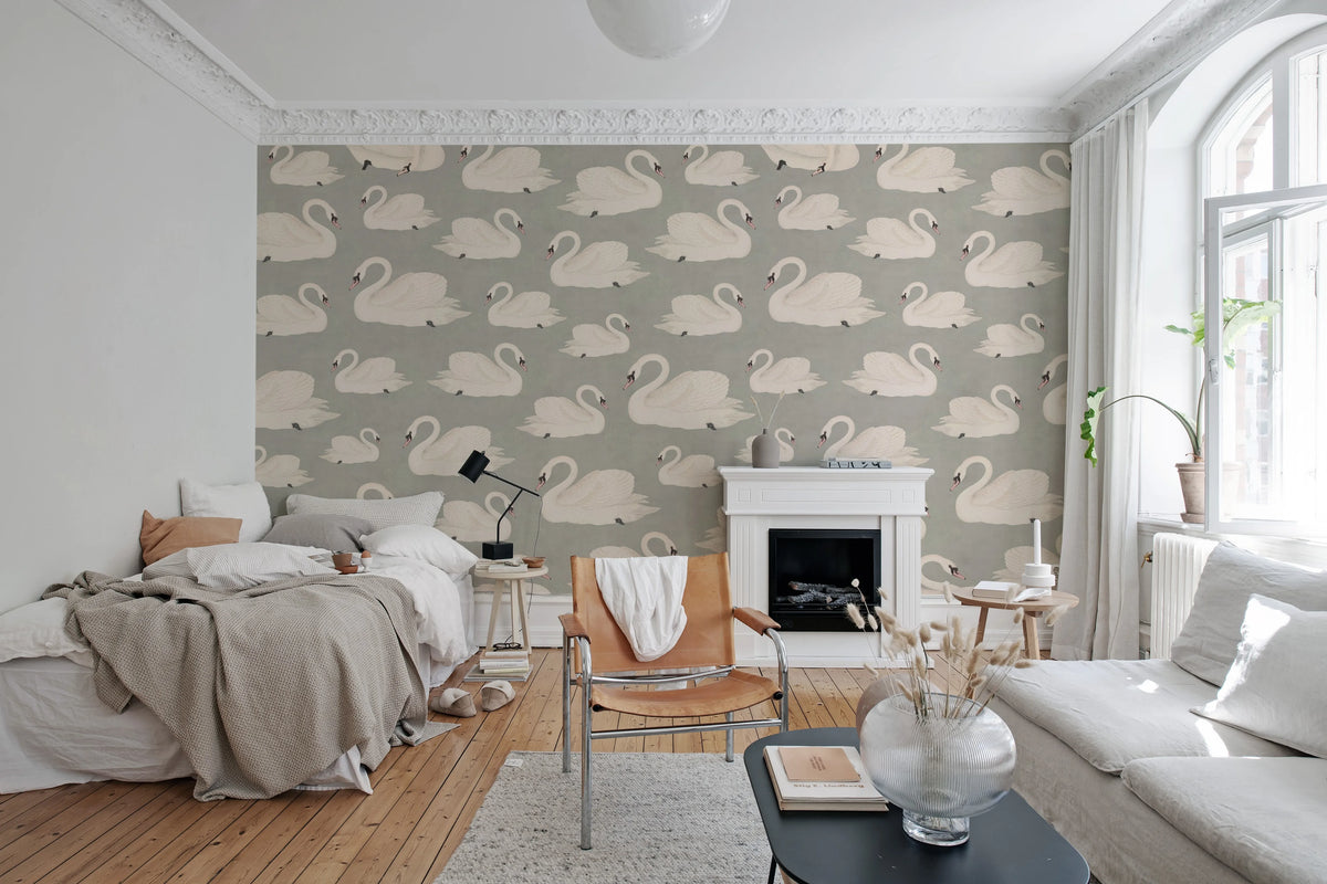 Whooper Swan, Soft Blue Mural Wallpaper - room preview 03