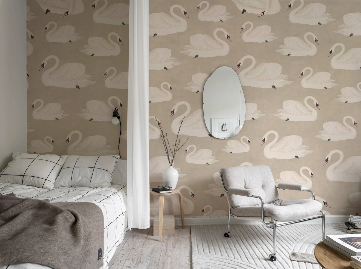 Whooper Swan, Beige Mural Wallpaper - room preview 03
