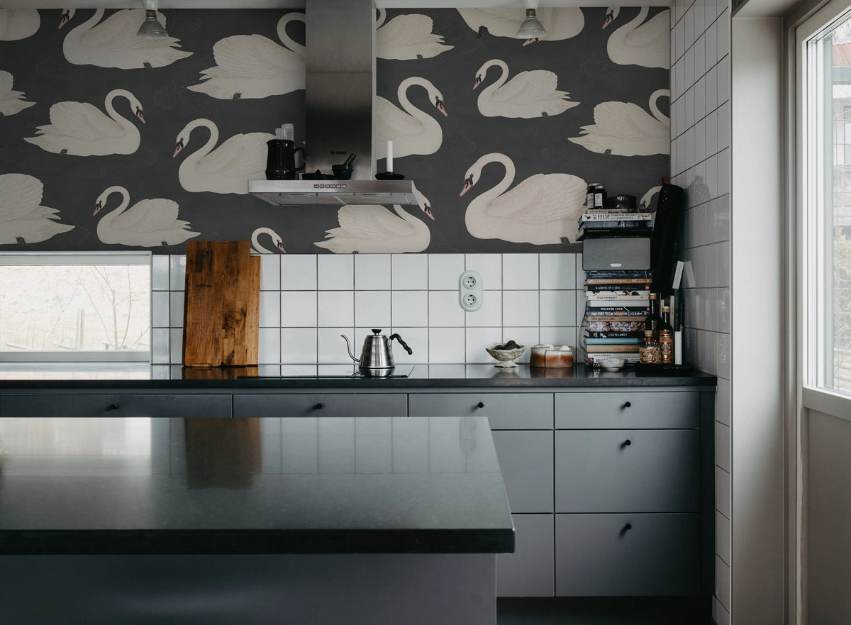 Whooper Swan, Black Mural Wallpaper - room preview 03