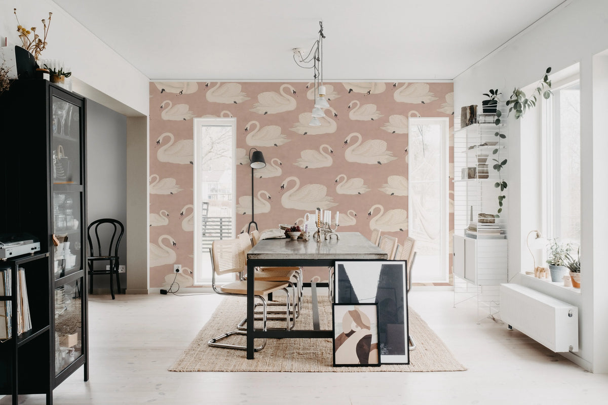 Whooper Swan, Soft Pink Mural Wallpaper - room preview 03