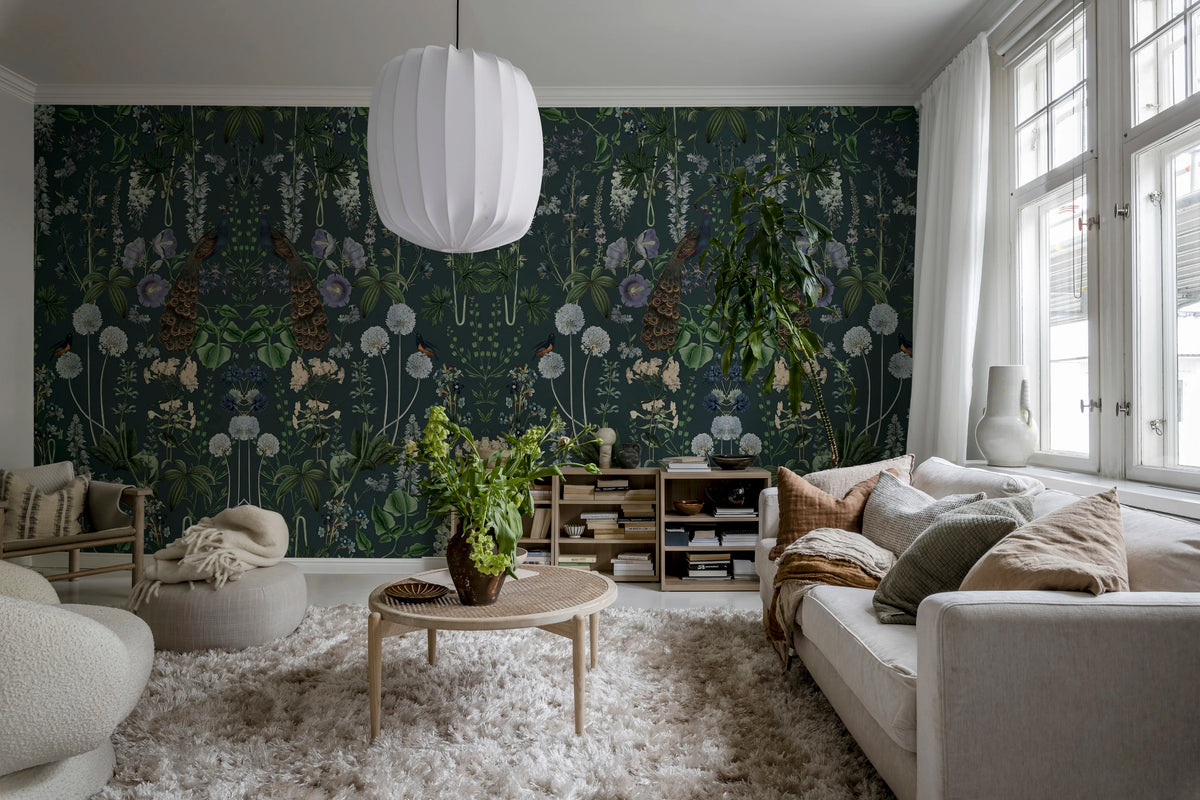 Peacock Garden, Black Mural Wallpaper - room preview 03