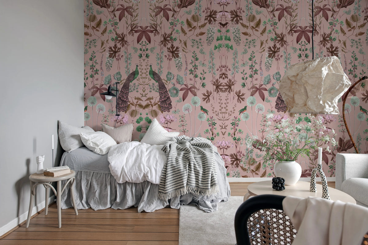 Peacock Garden, Pink Mural Wallpaper - room preview 03