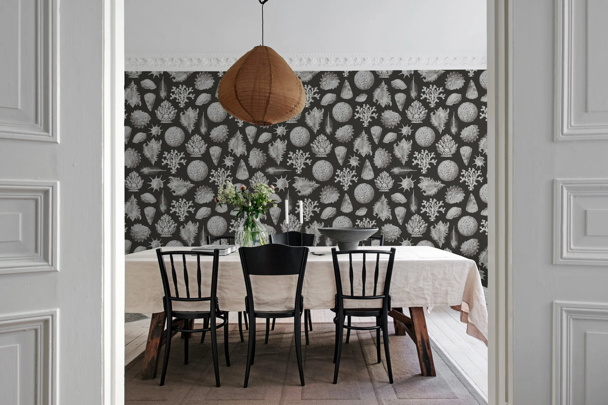 Seashells, Graphite Mural Wallpaper - room preview 03