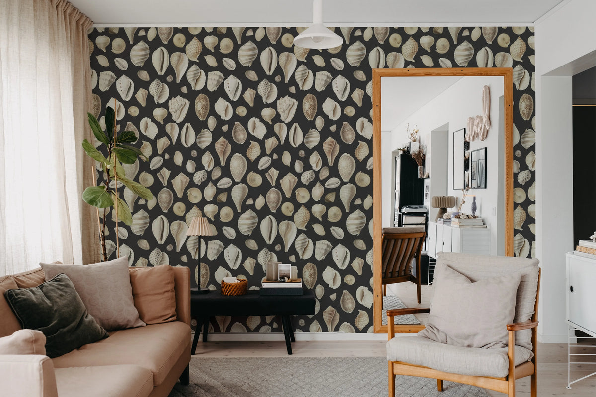 Ocean Shells, Graphite Mural Wallpaper - room preview 03