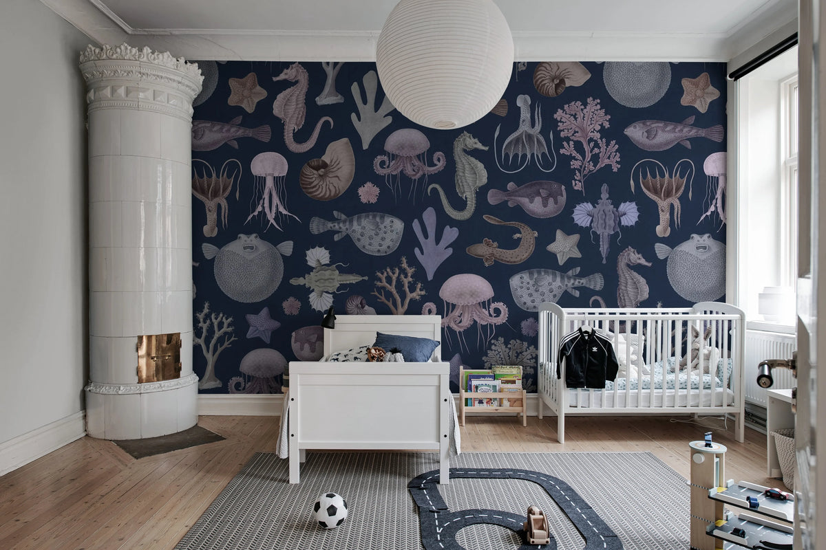 Sea Life, Navy Blue Mural Wallpaper - room preview 03