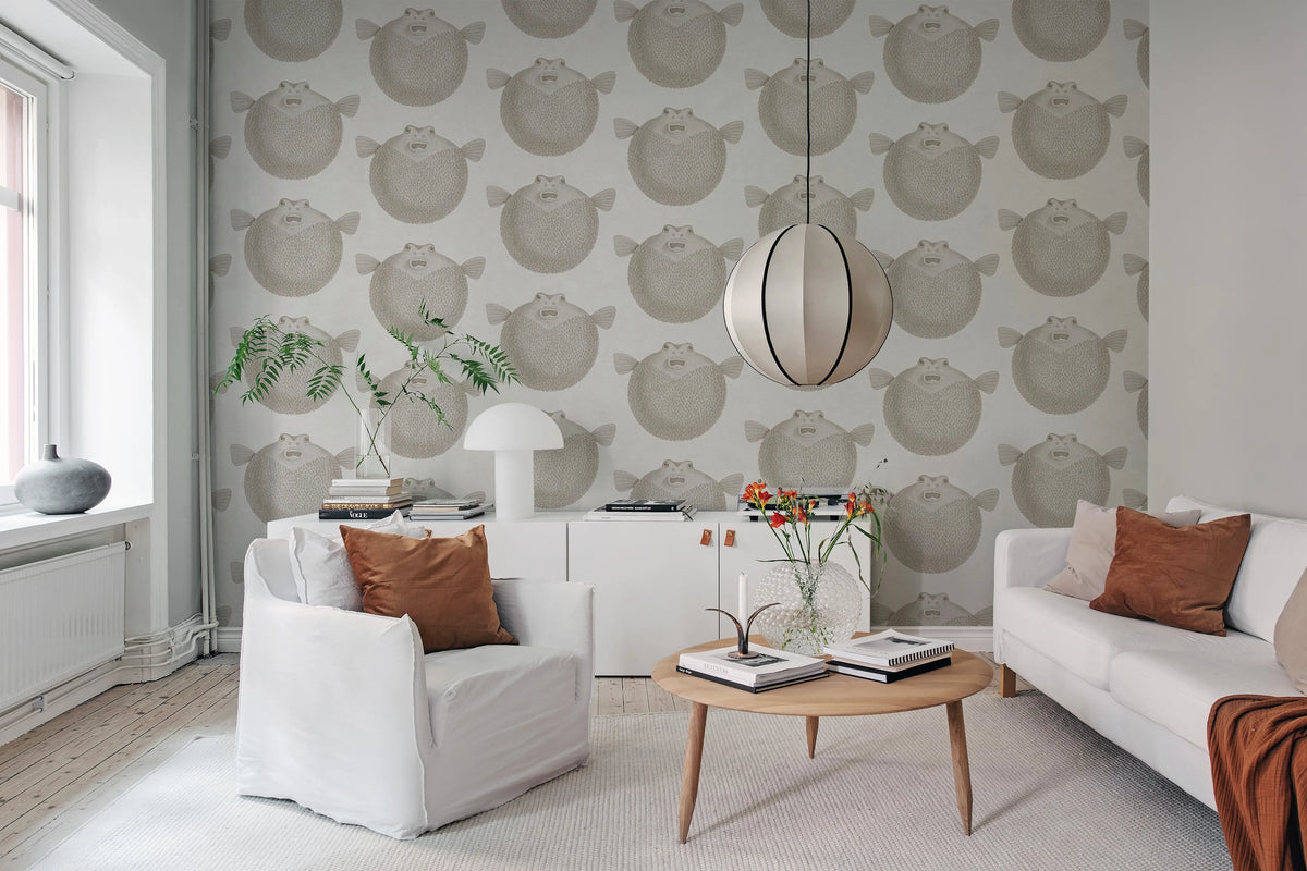 Puffer Fish, White Mural Wallpaper - room preview 03