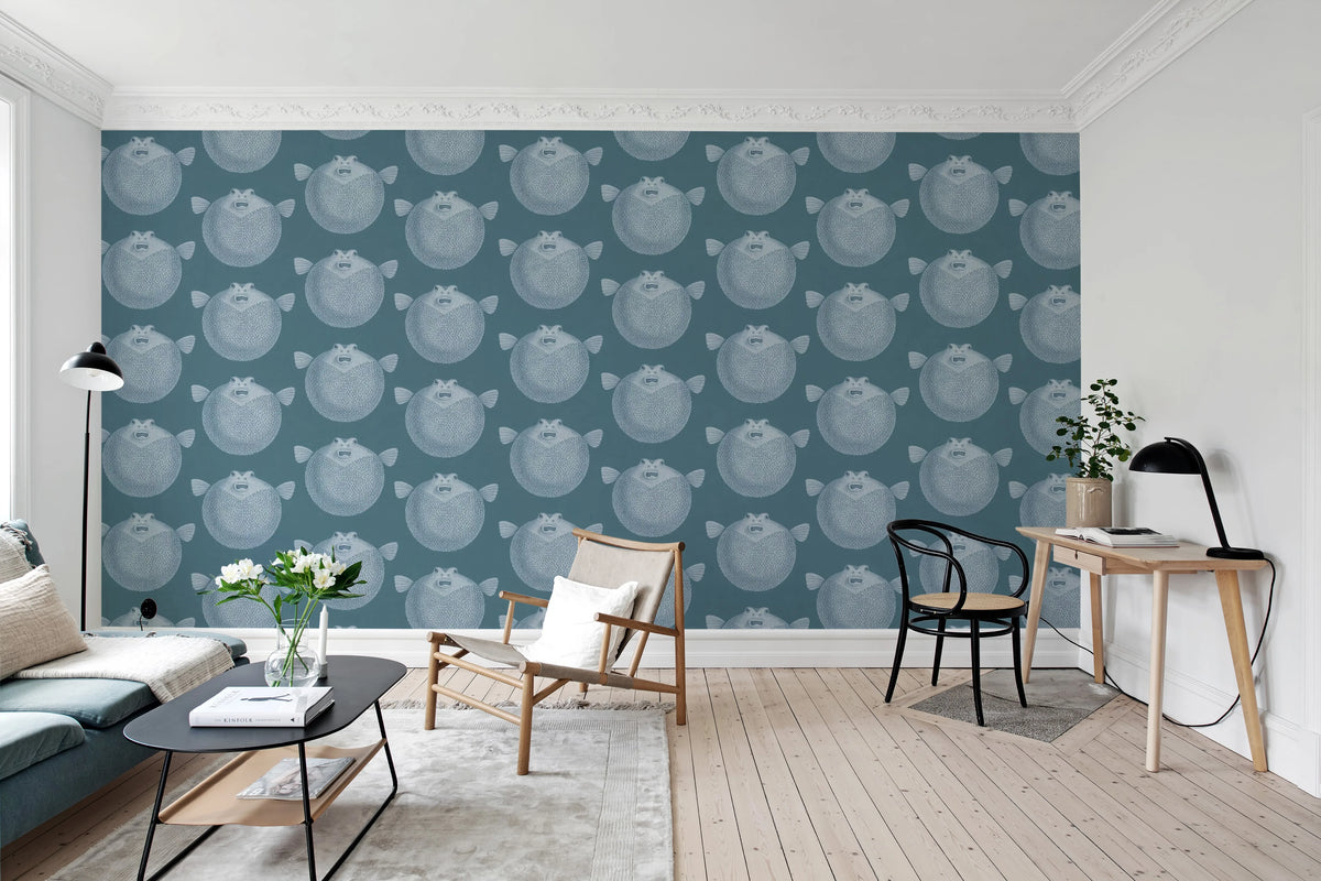 Puffer Fish, Blue Mural Wallpaper - room preview 03