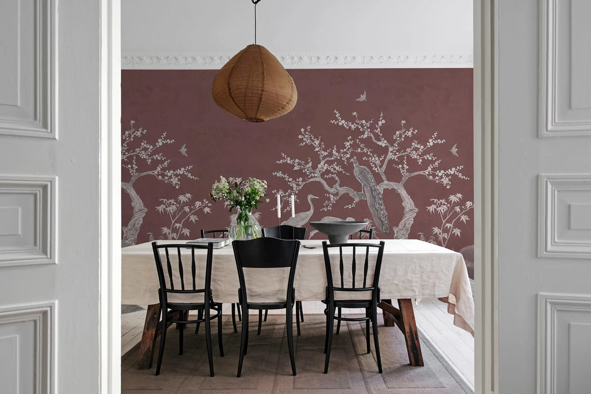 Chinoiserie Blossom, Raspberry Red Mural Wallpaper - room preview 03