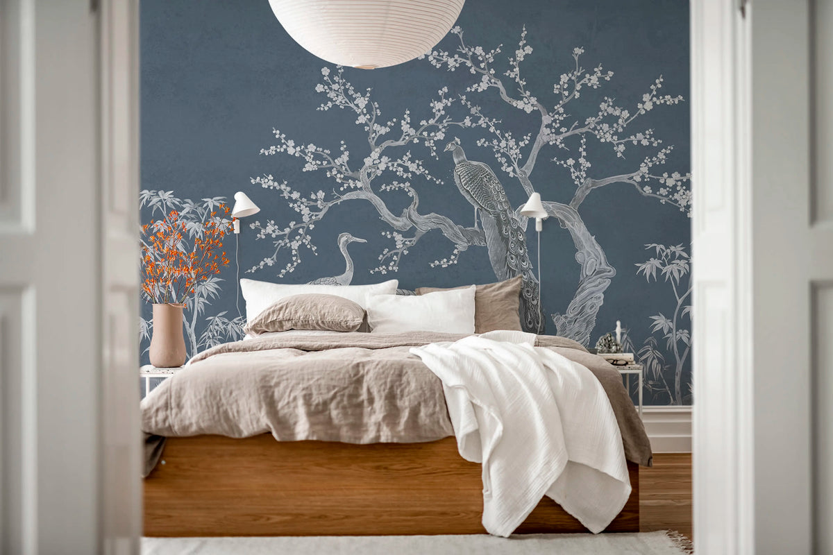 Chinoiserie Blossom, Navy Blue Mural Wallpaper - room preview 03