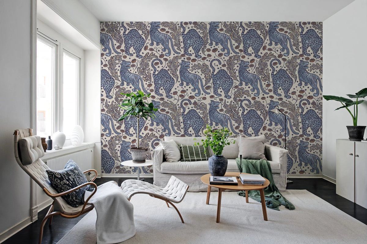 Bold Tigers, Blue Mural Wallpaper - room preview 03