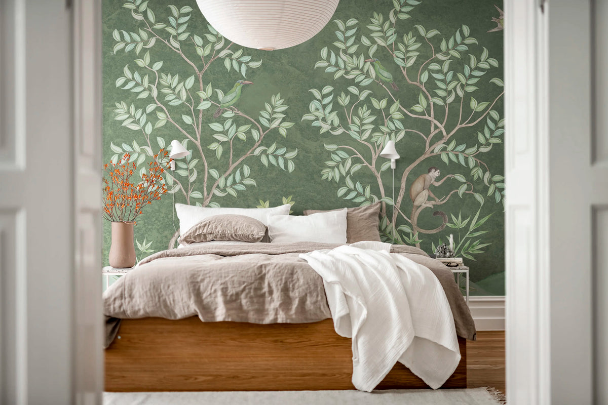 Monkeys Paradise, Sage Green Mural Wallpaper - room preview 03