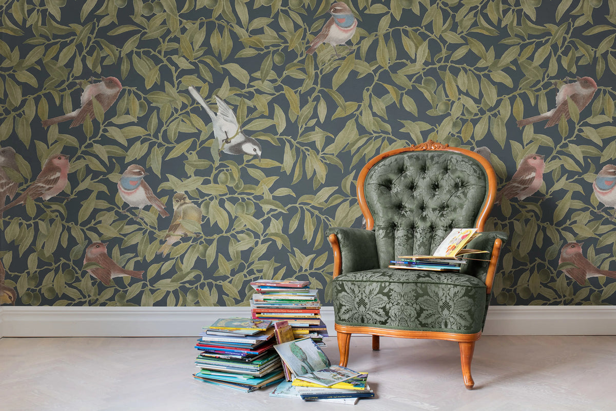 Backwood Birds, Dark Blue Mural Wallpaper - room preview 03