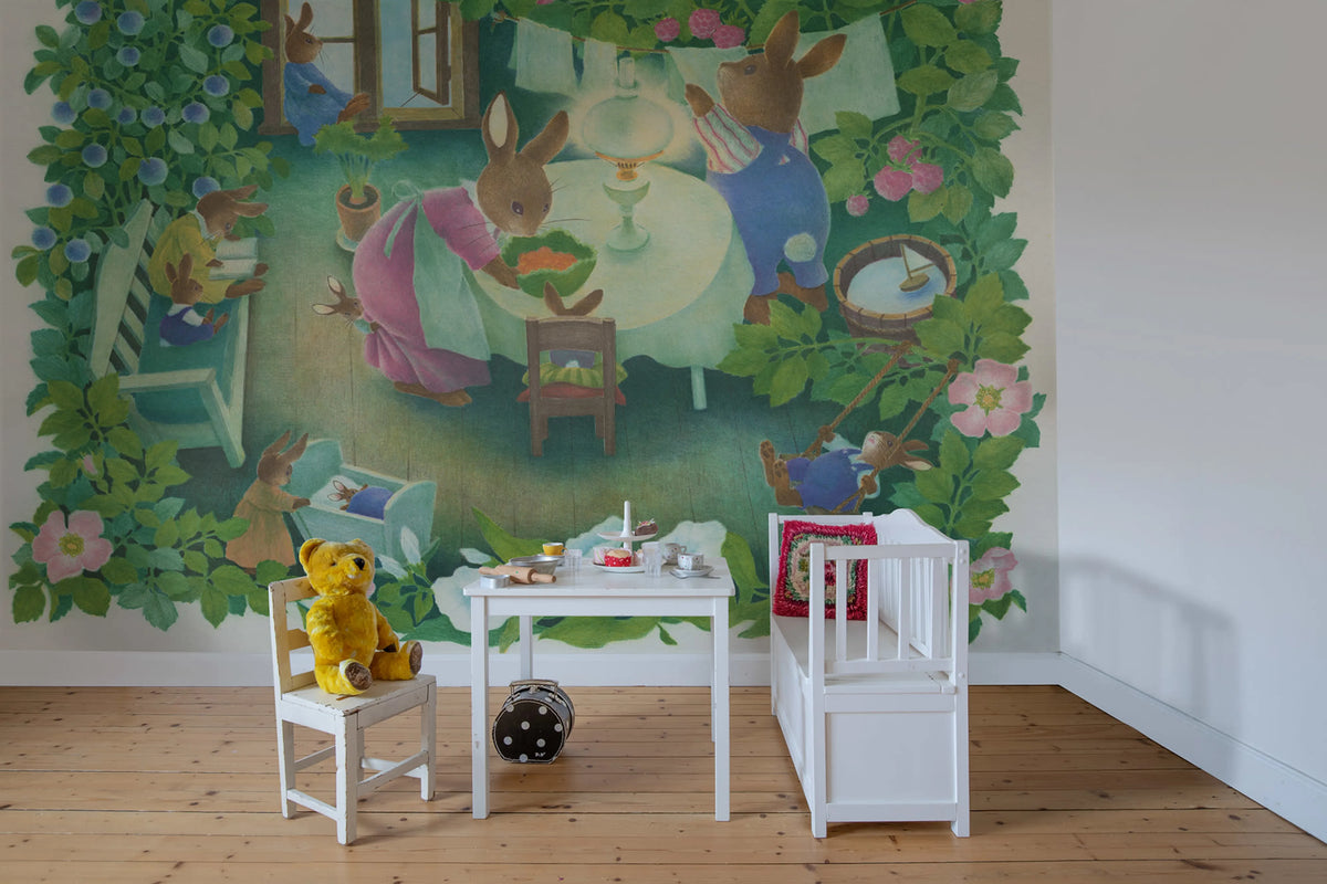 Rabbit Family, Green Mural Wallpaper - room preview 03