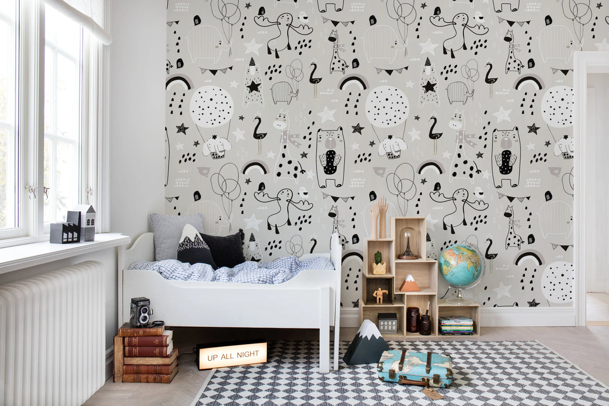 Happy Animals, Gray Mural Wallpaper - room preview 03