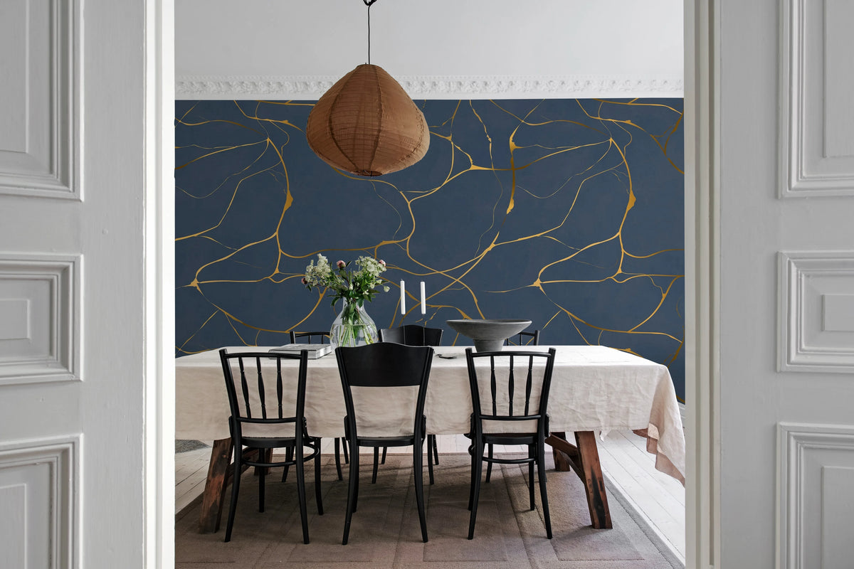 Gold Swirl, Dark Blue Mural Wallpaper - room preview 03