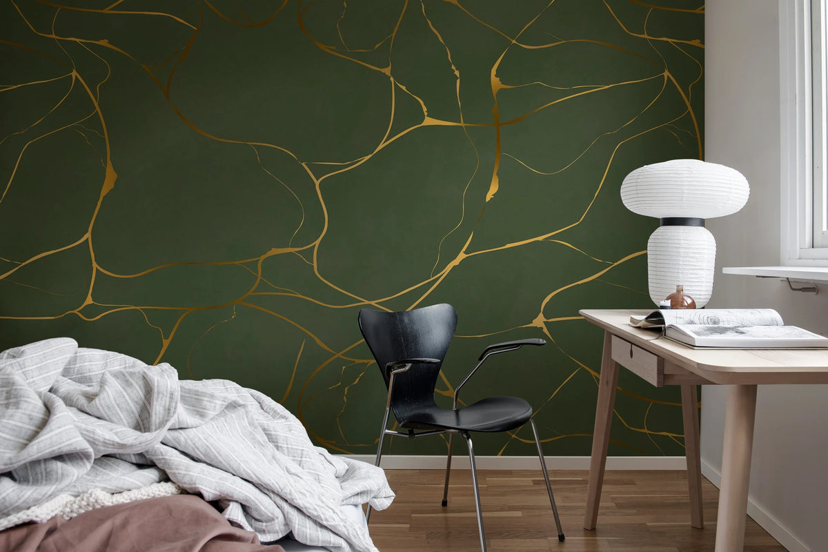 Gold Swirl, Dark Green Mural Wallpaper - room preview 03
