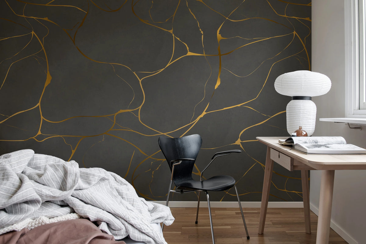 Gold Swirl, Dark Gray Mural Wallpaper - room preview 03