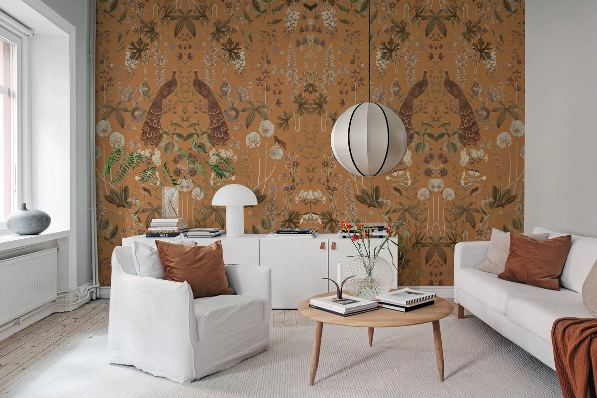 Peacock Garden, Ocher Mural Wallpaper - room preview 03