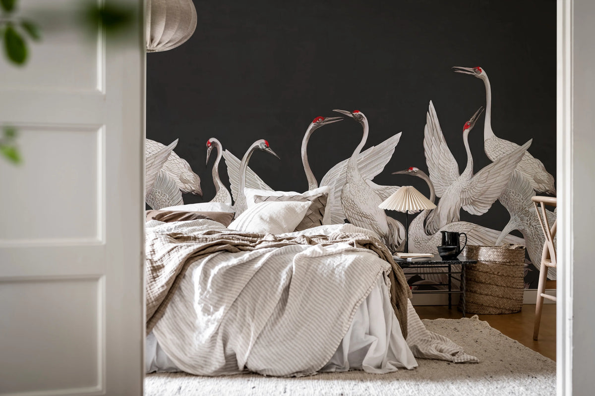 Soaring Cranes, Black Mural Wallpaper - room preview 03