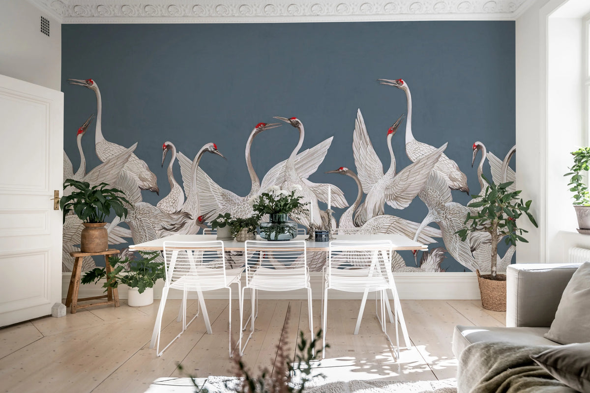 Soaring Cranes, Blue Mural Wallpaper - room preview 03