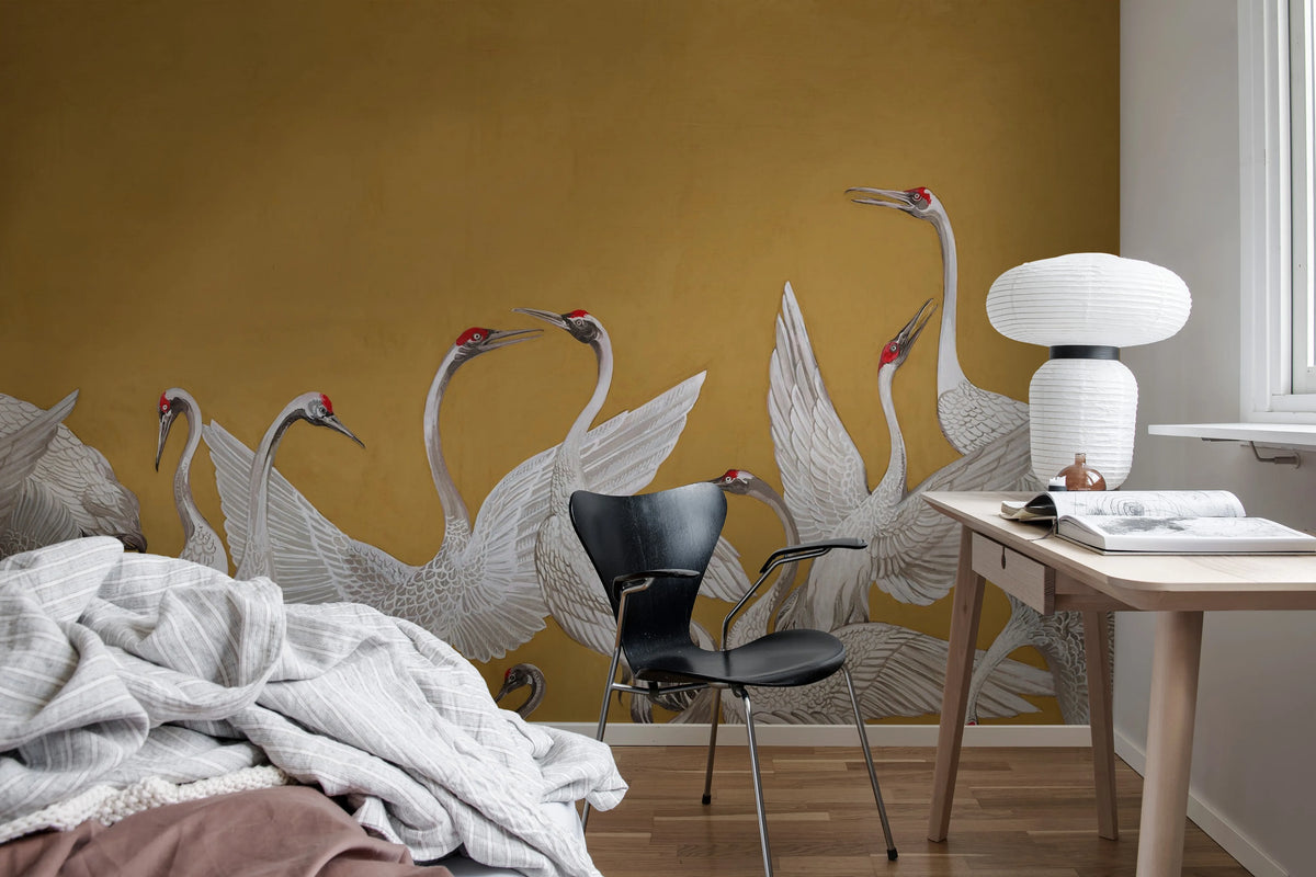 Soaring Cranes, Yellow Mural Wallpaper - room preview 03