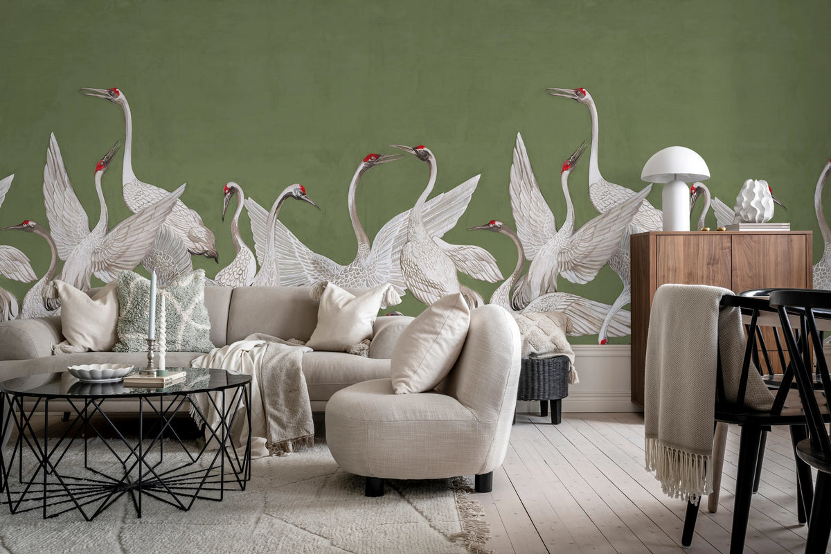 Soaring Cranes, Green Mural Wallpaper - room preview 03