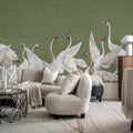 Soaring Cranes, Green Mural Wallpaper - room preview 03