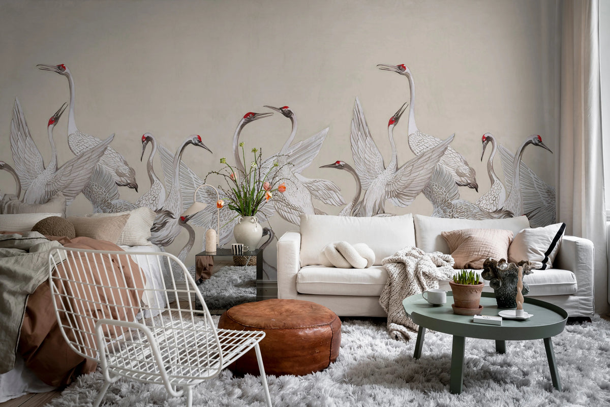 Soaring Cranes, Beige Mural Wallpaper - room preview 03