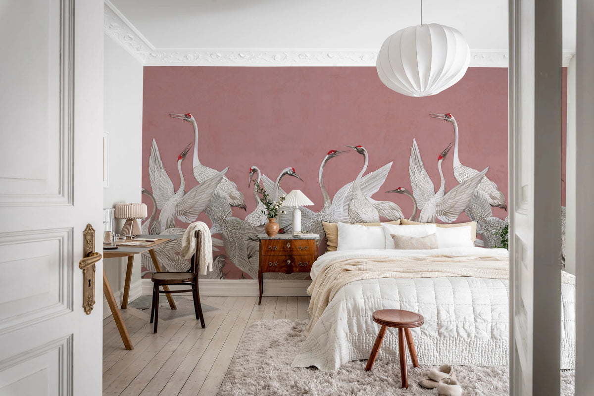 Soaring Cranes, Pink Mural Wallpaper - room preview 03