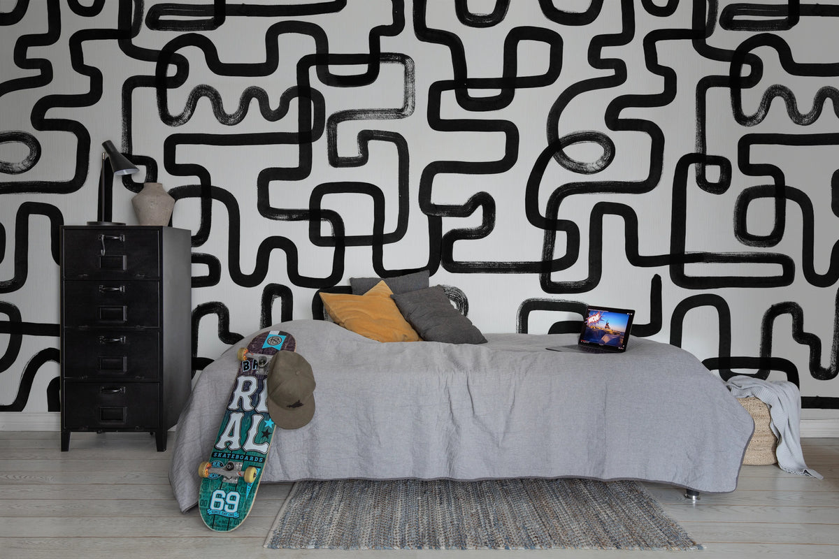 Artzy Lines, Graphite Mural Wallpaper - room preview 03
