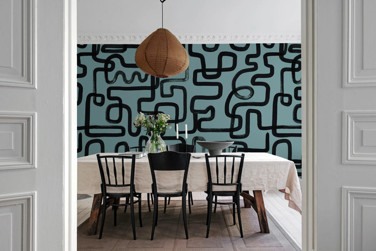 Artzy Lines, Petrol Mural Wallpaper - room preview 03