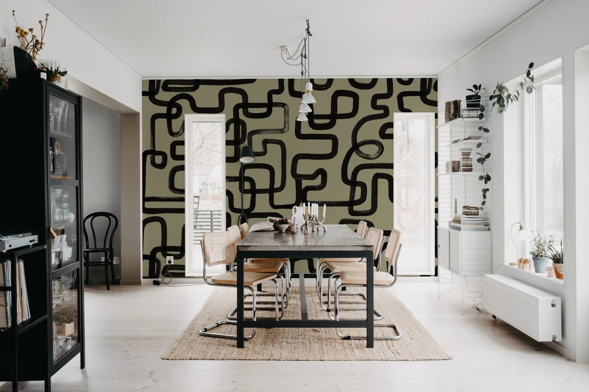 Artzy Lines, Olive Green Mural Wallpaper - room preview 03