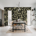Artzy Lines, Olive Green Mural Wallpaper - room preview 03