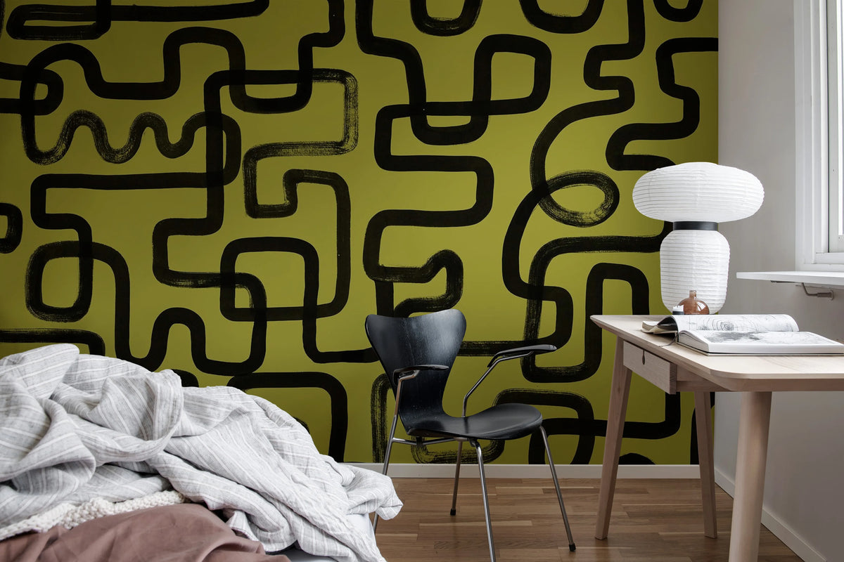 Artzy Lines, Yellow Mural Wallpaper - room preview 03