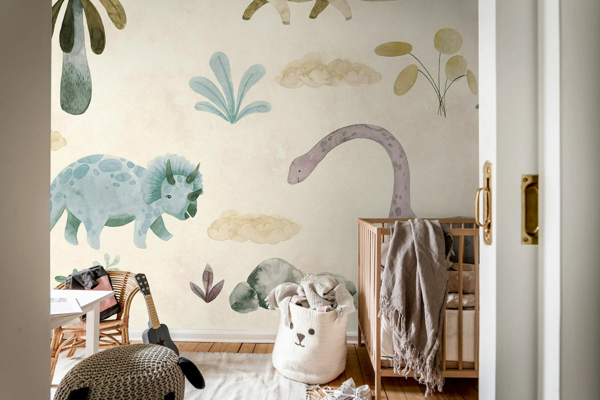 Dinosaur Oasis, Pastel Mural Wallpaper - room preview 03