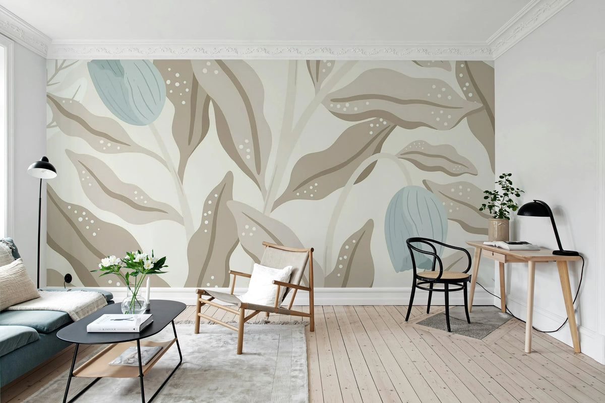 Cool Flora, Beige & Blue Mural Wallpaper - room preview 03