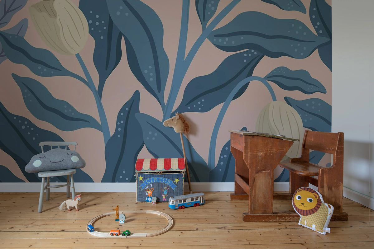 Cool Flora, Pink & Blue Mural Wallpaper - room preview 03