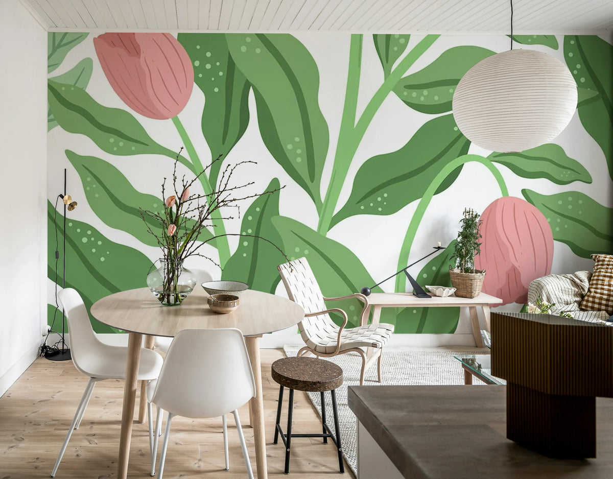 Cool Flora, White & Pink Mural Wallpaper - room preview 03