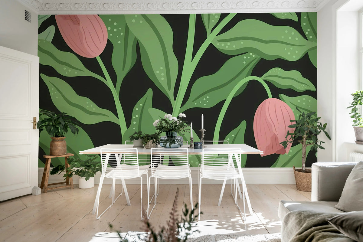 Cool Flora, Black & Pink Mural Wallpaper - room preview 03