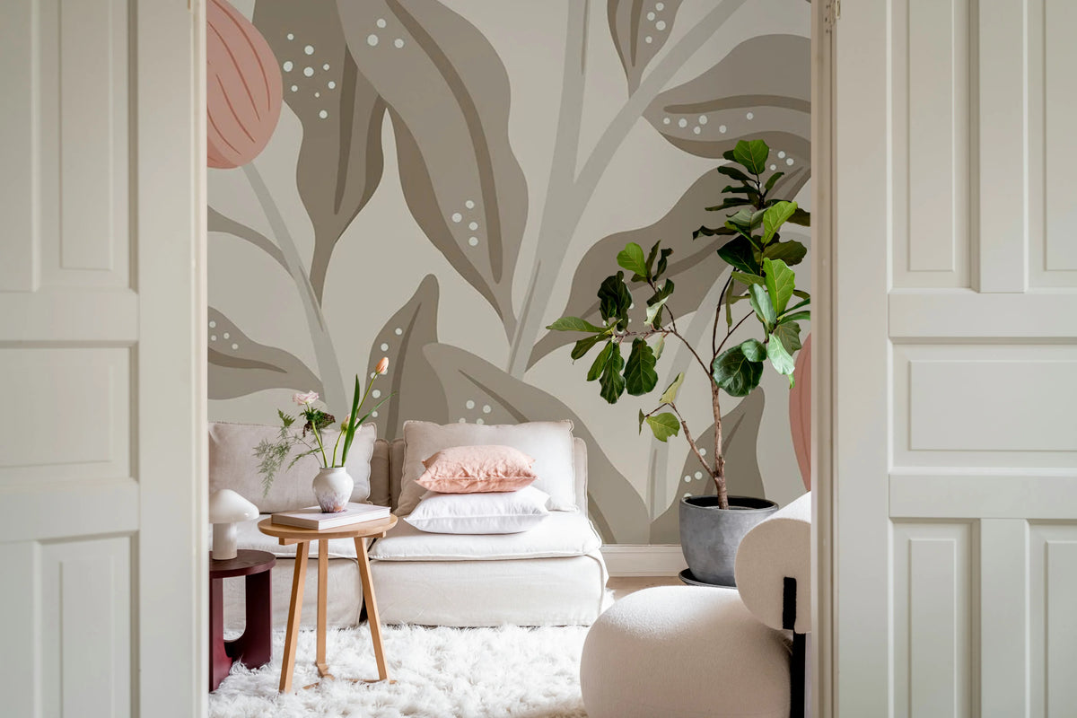 Cool Flora, Beige & Pink Mural Wallpaper - room preview 03