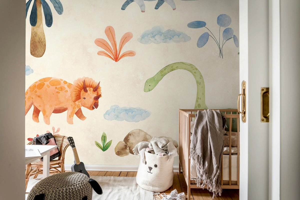 Dinosaur Oasis, Beige Mural Wallpaper - room preview 03