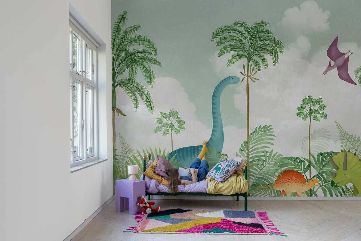 Dinosaur World, Green Mural Wallpaper - room preview 03