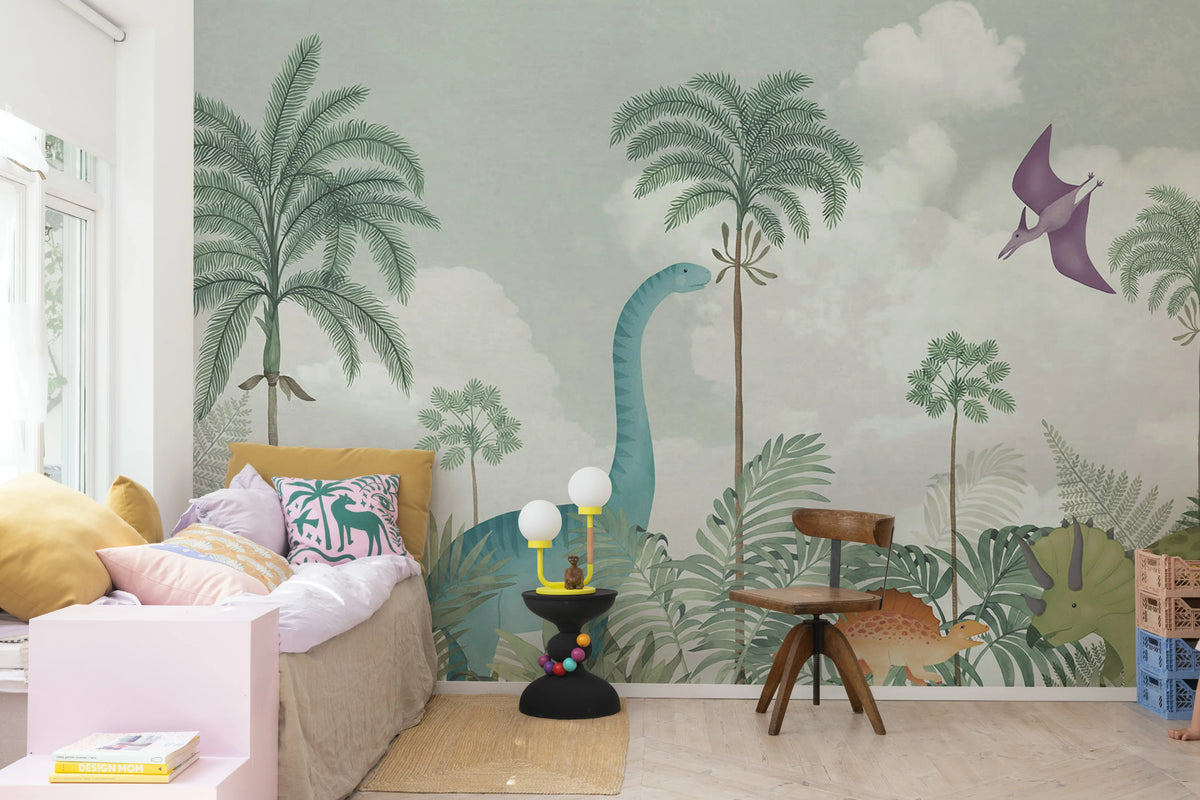 Dinosaur World, Light Green Mural Wallpaper - room preview 03