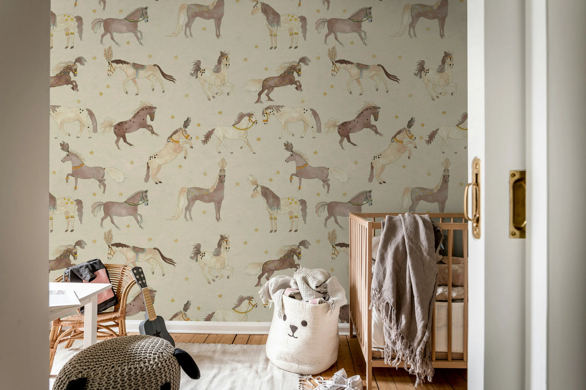 Circus Horses, Beige Mural Wallpaper - room preview 03