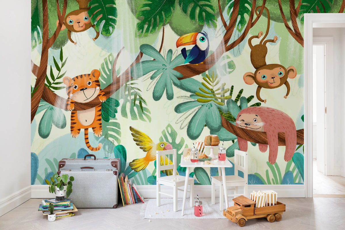 Jungle Buddies, Green Mural Wallpaper - room preview 03