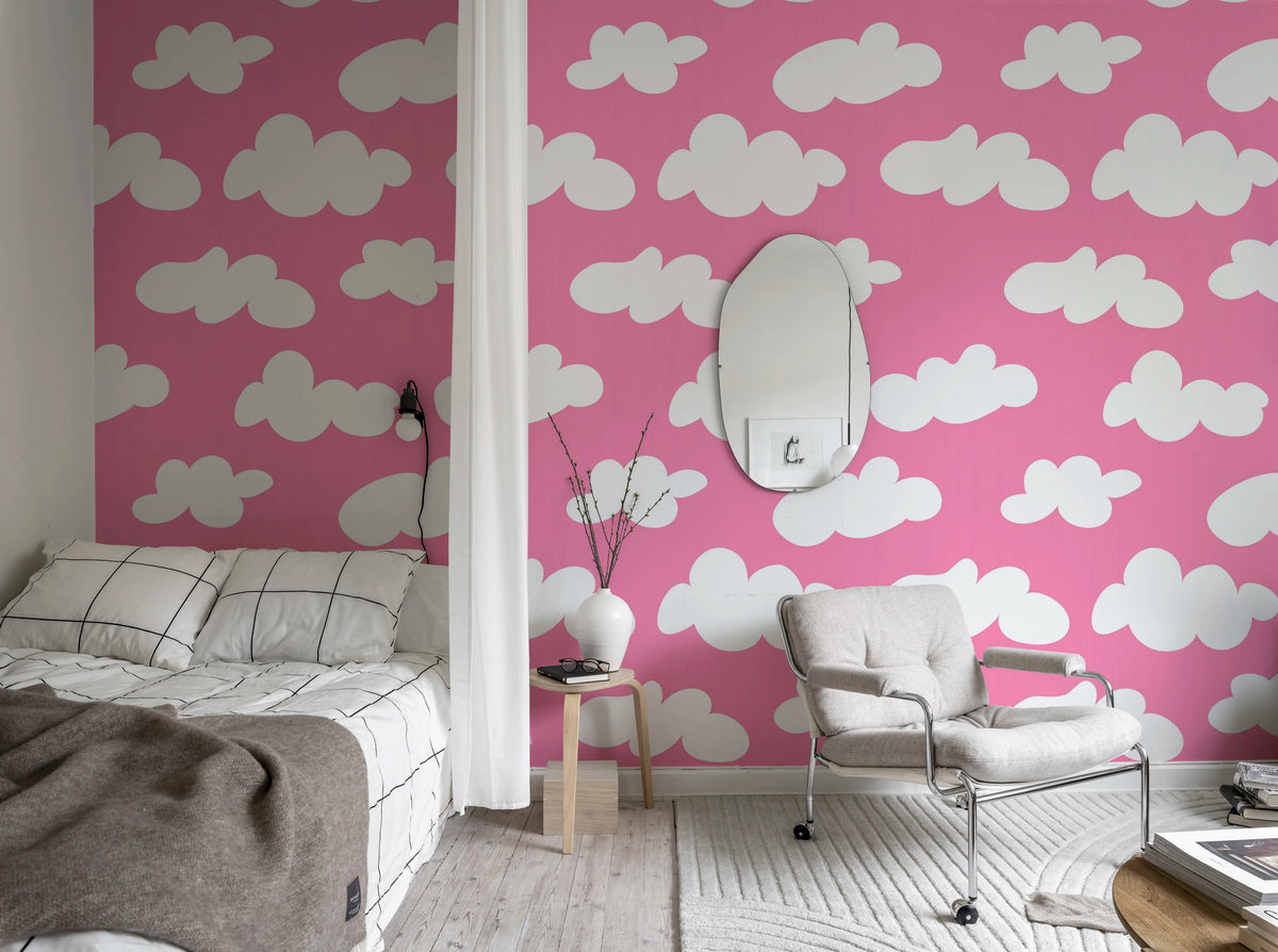 Cloudy, Happy Pink Mural Wallpaper - room preview 03