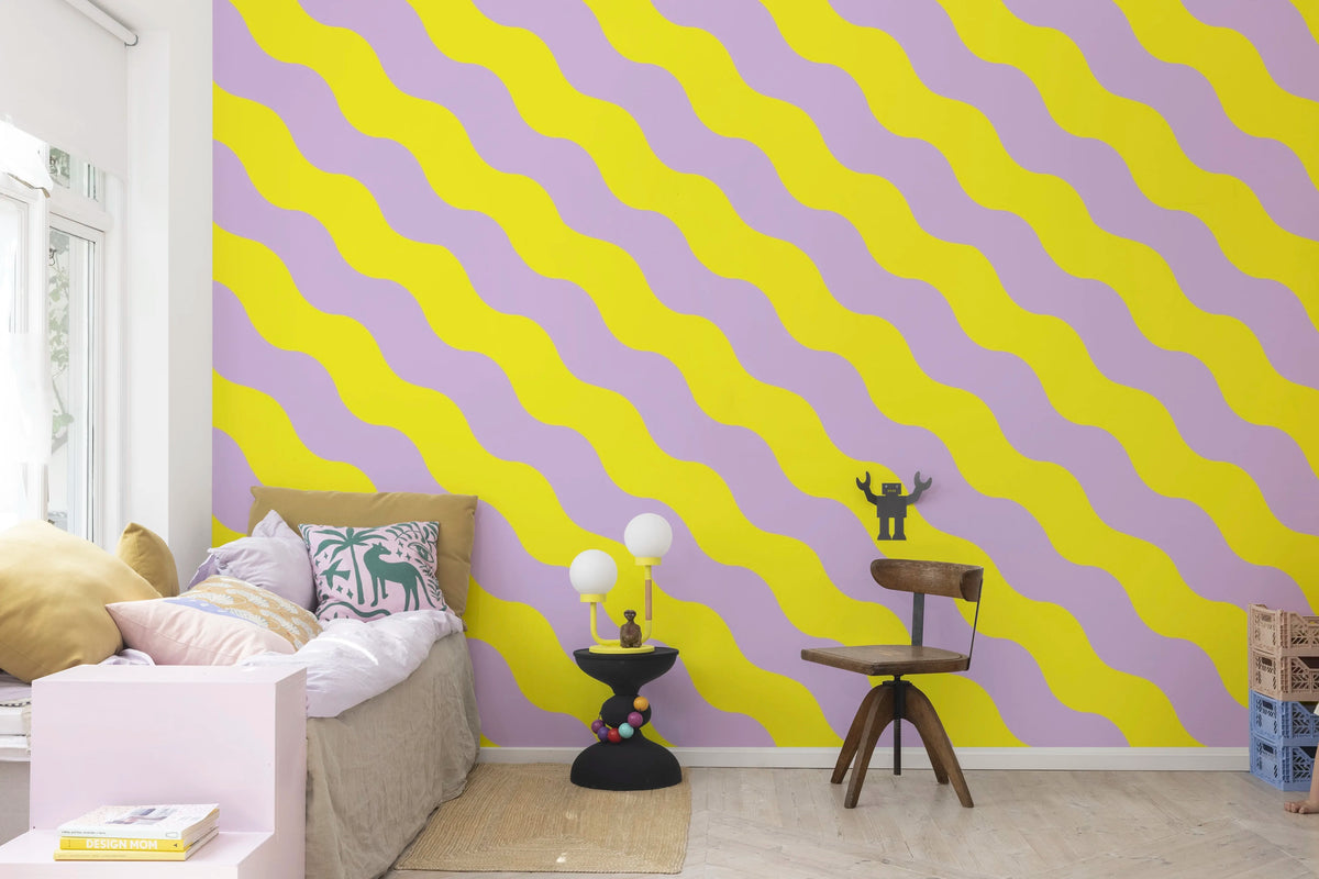 Polka Stripe, Lilac & Yellow Mural Wallpaper - room preview 03
