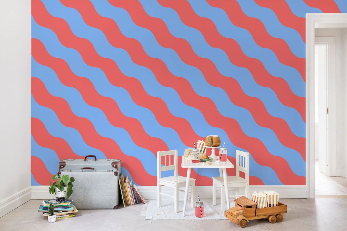Polka Stripe, Red & Blue Mural Wallpaper - room preview 03