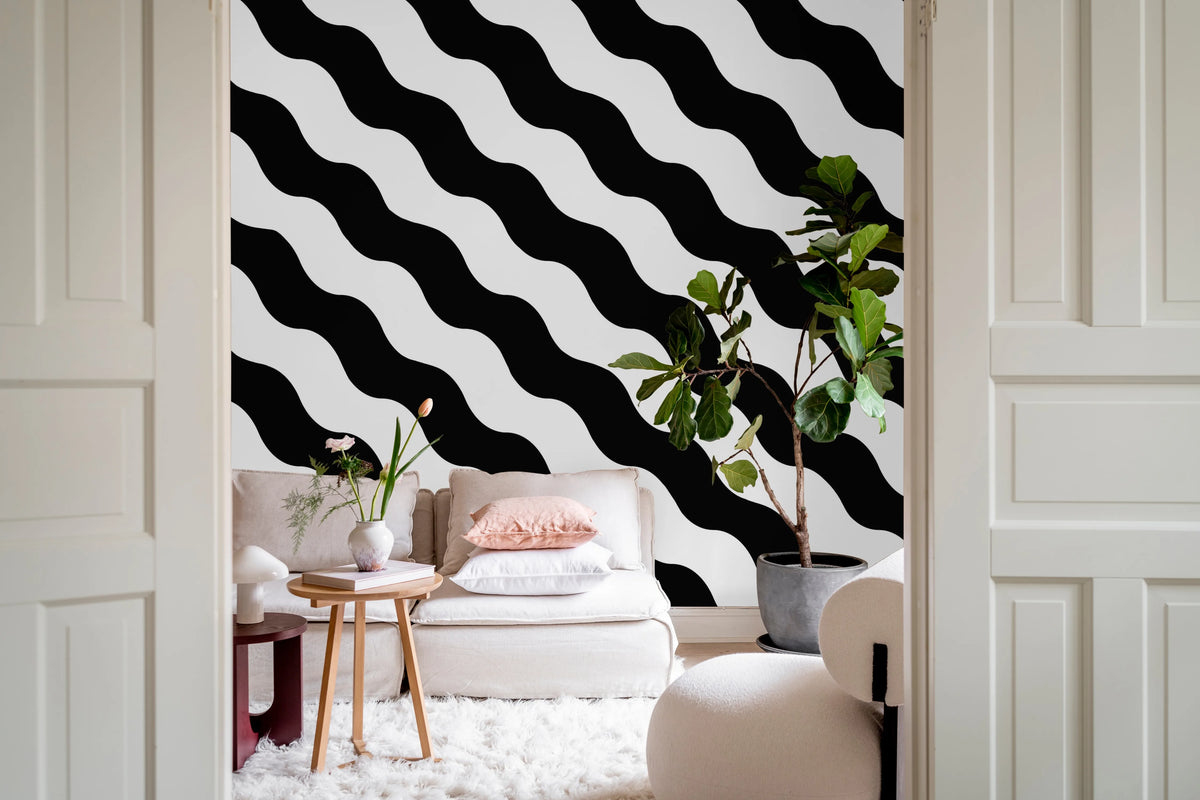 Polka Stripe, Black & White Mural Wallpaper - room preview 03